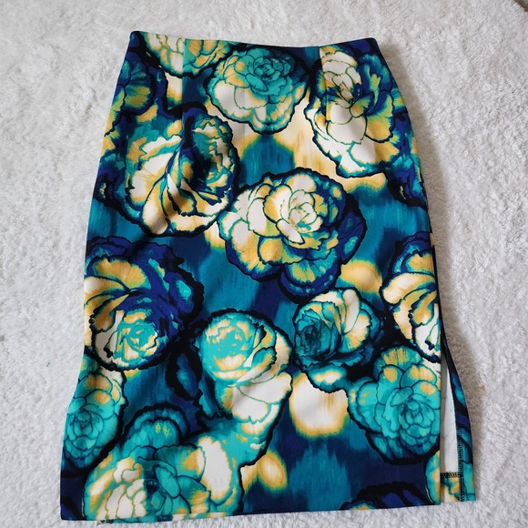 Worthington Floral Print Pencil Skirt Teal Blue Yellow Women's Size 10 - Picture 6 of 6